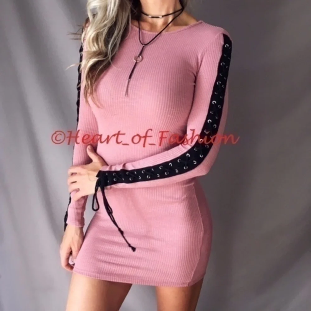 NEW Lace Up Long Sleeve Ribbed Sweater Dress M